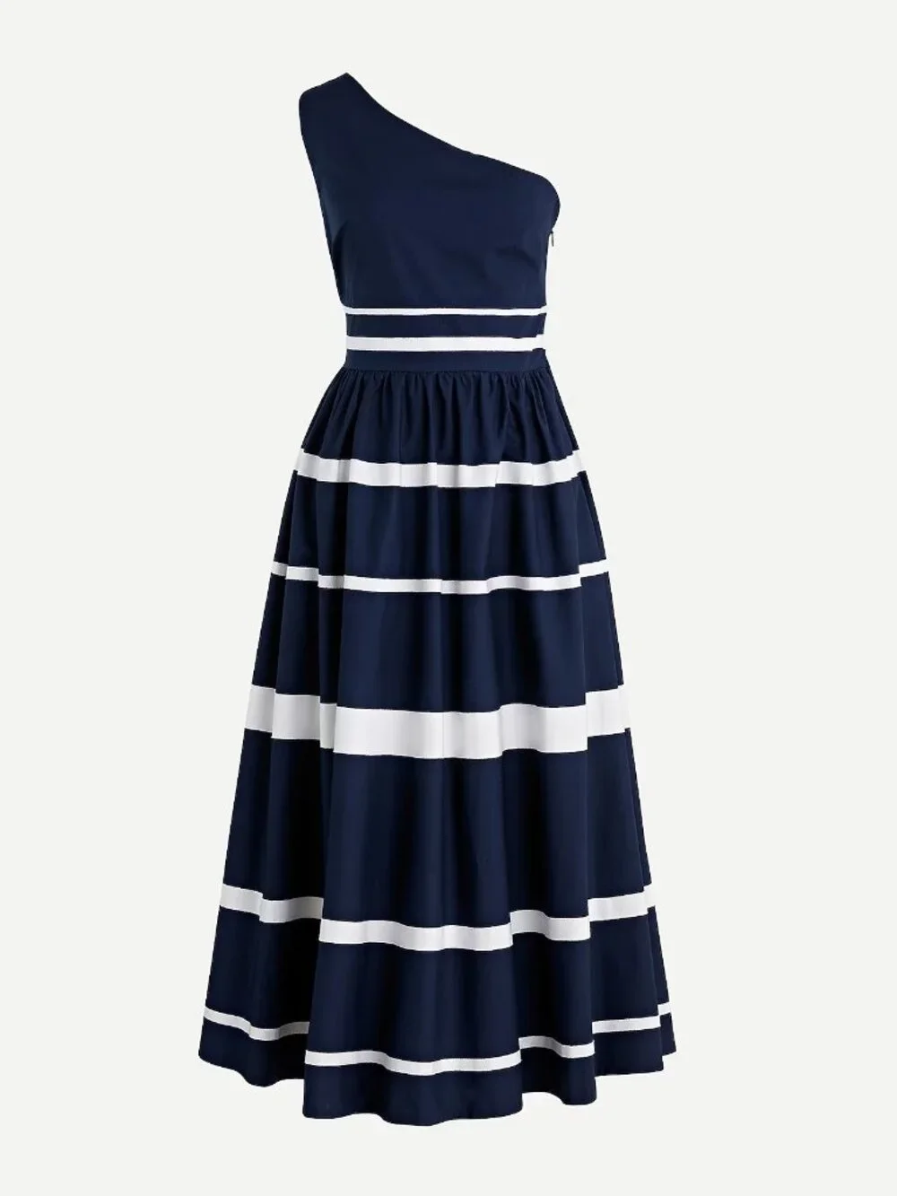 J. Crew One-Shouldered Maxi Dress Cotton Poplin Ribbon Stripes Navy Blue Size 4